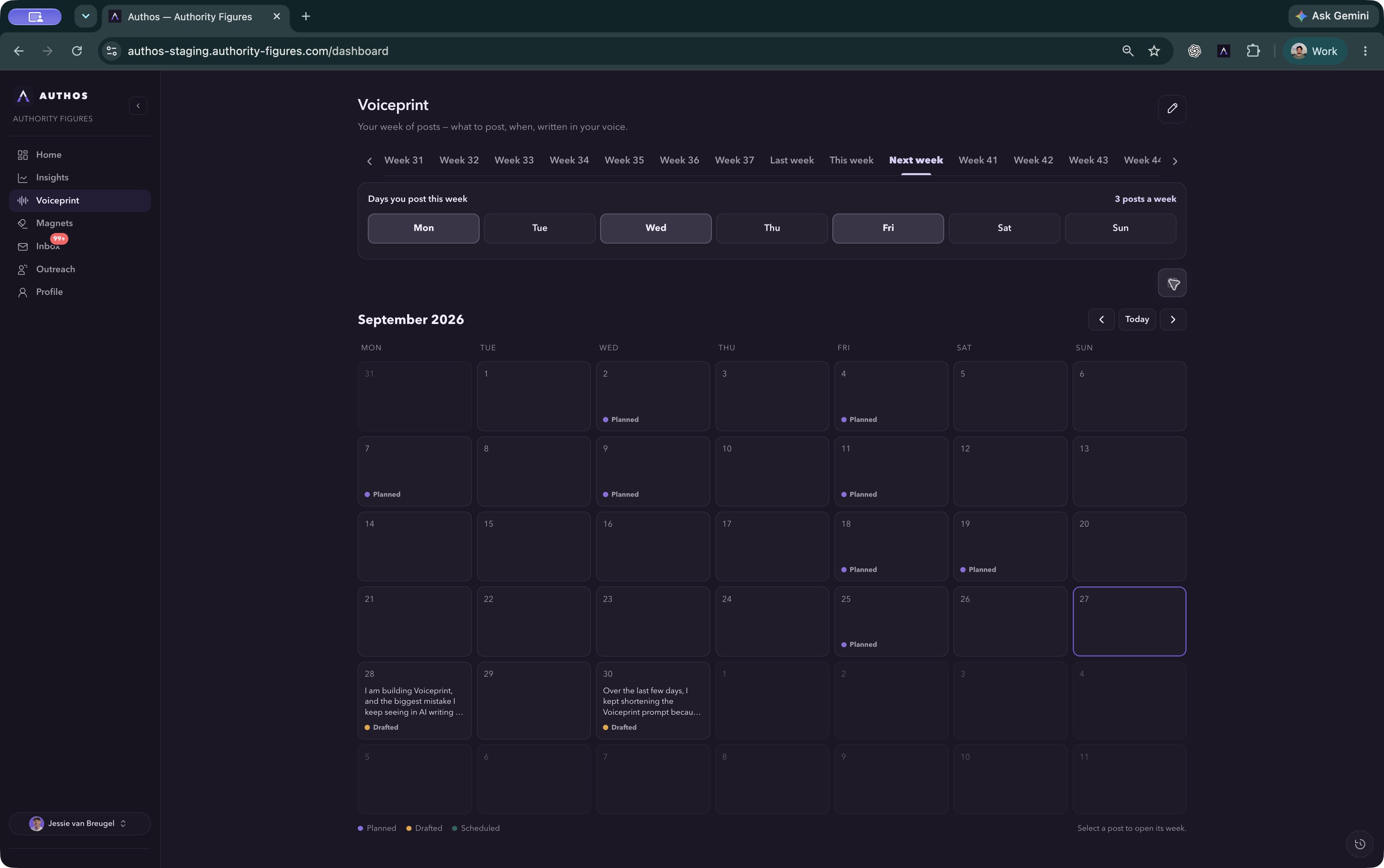 Actual Authos monthly content calendar, showing planned and drafted posts