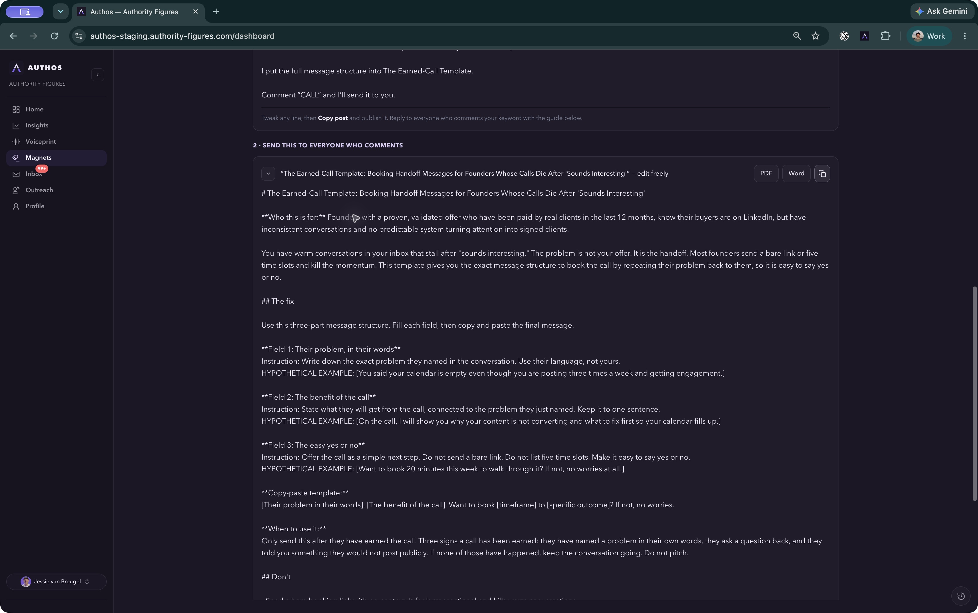 The finished lead magnet resource, with PDF and Word export controls