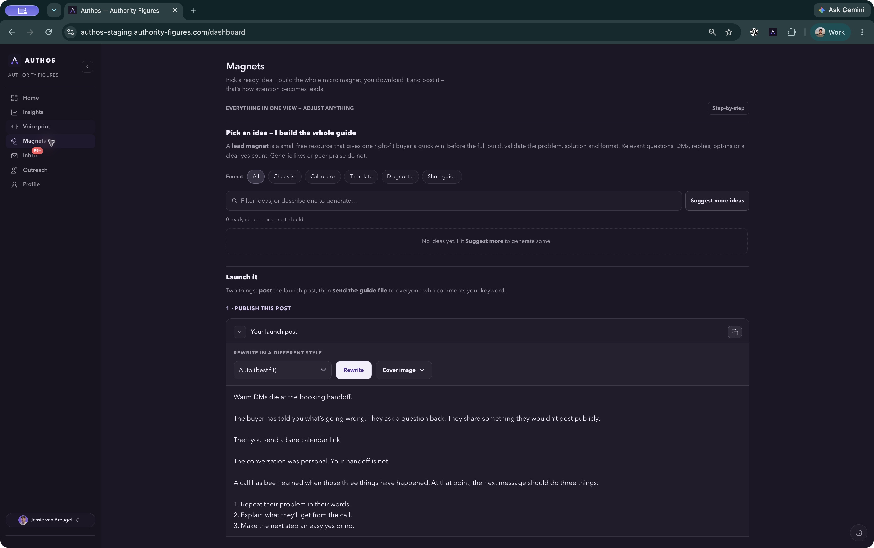 Actual Authos lead magnet workflow with LinkedIn launch post and resource