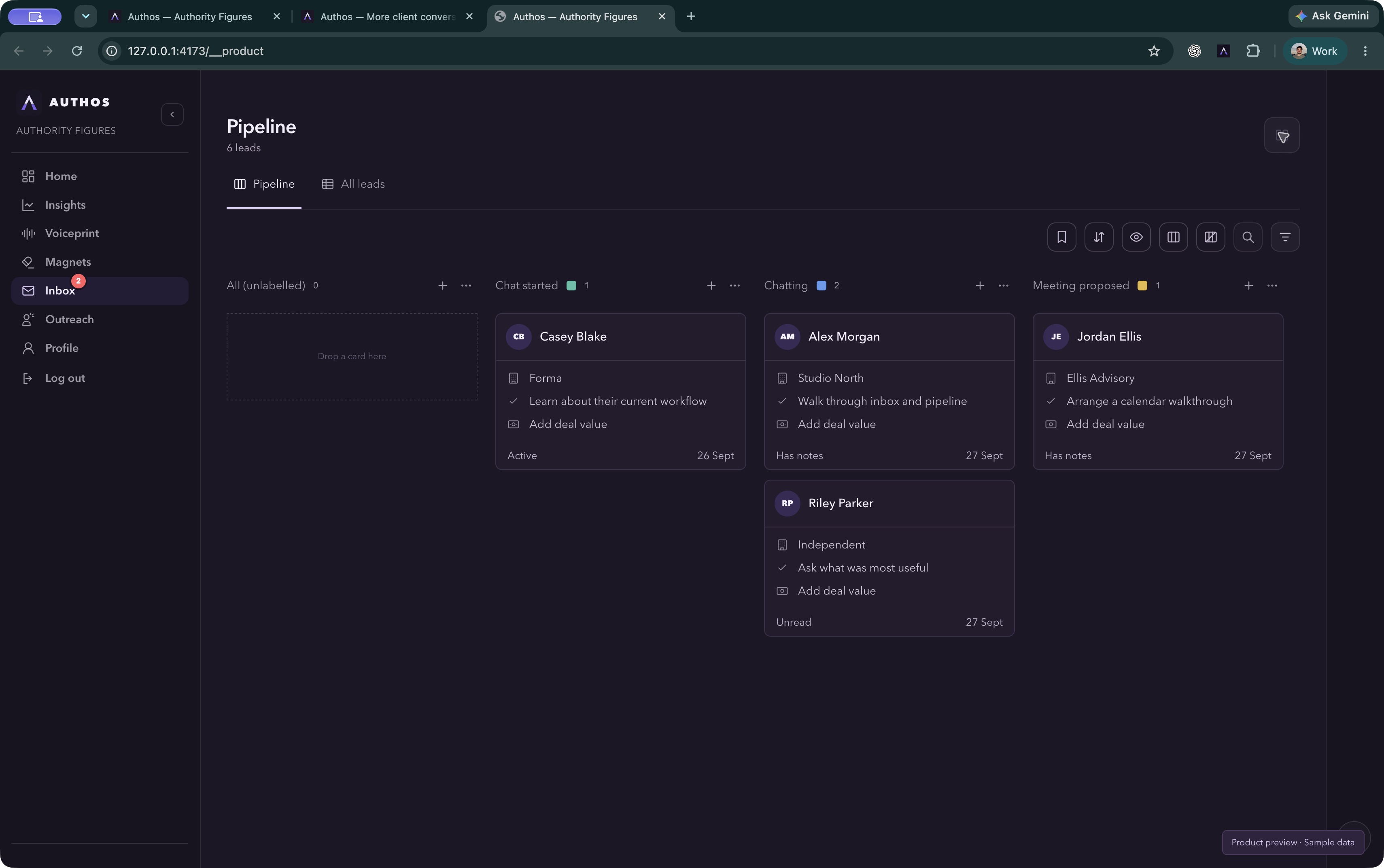 The actual Authos pipeline with fictional sample opportunities