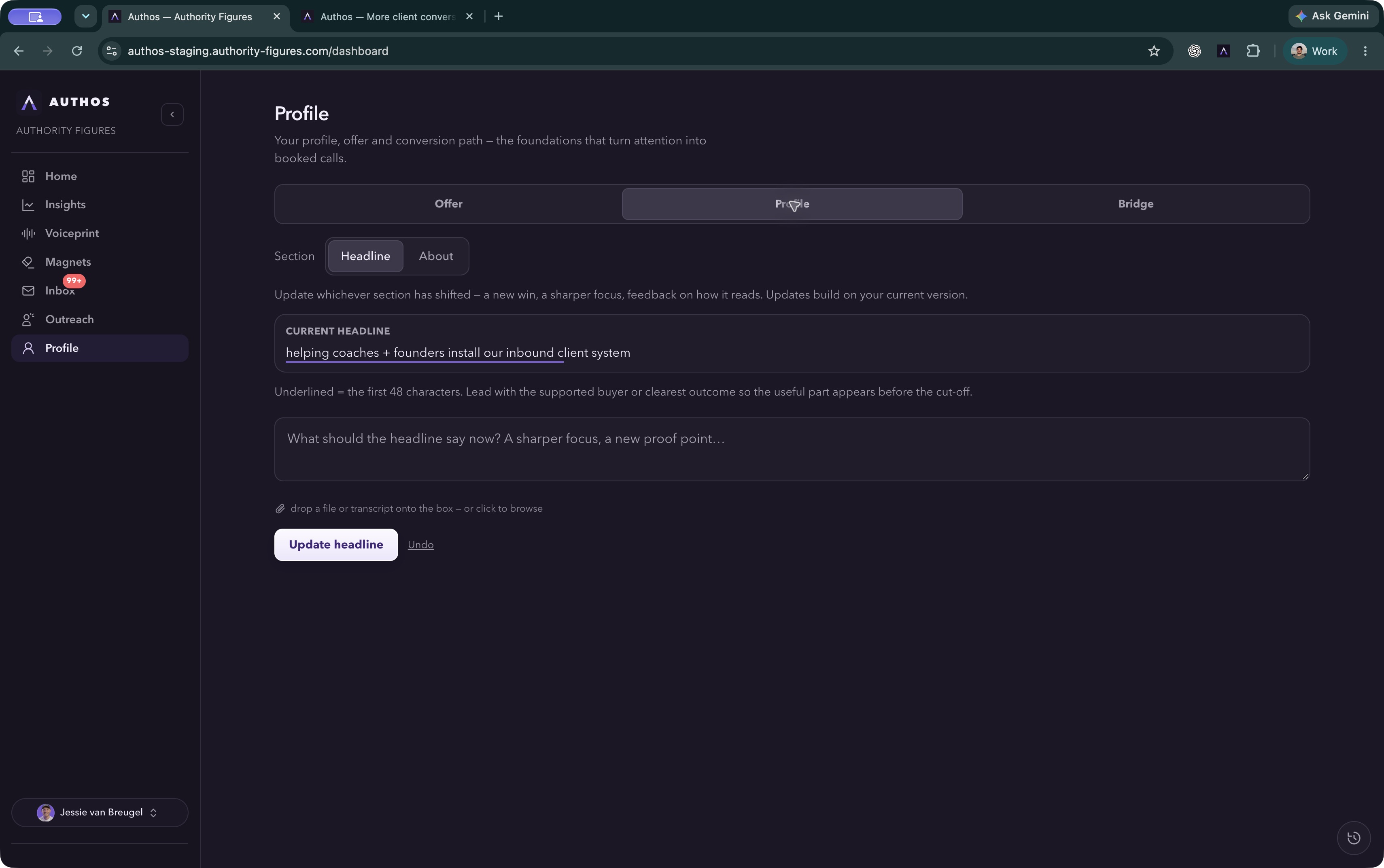 Actual Authos profile workspace with headline, About and positioning controls